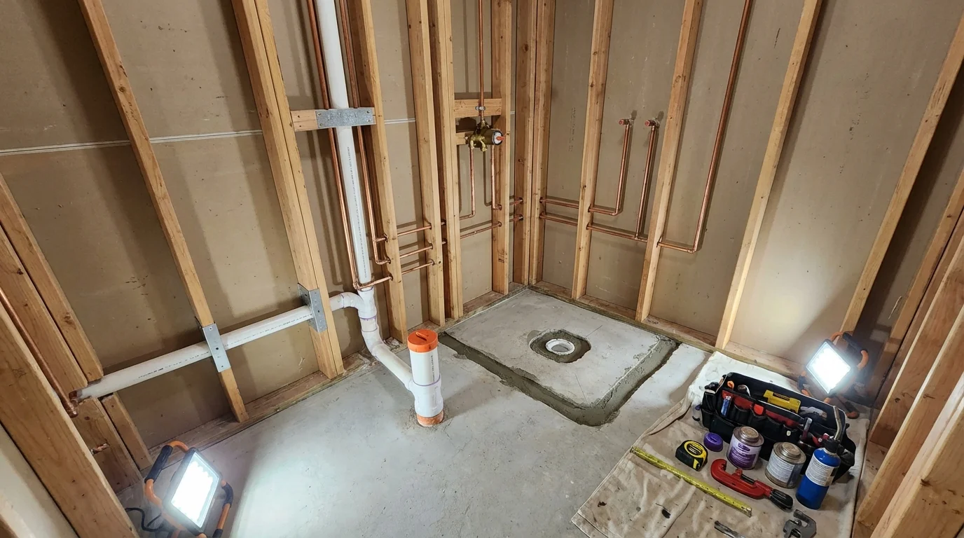 Bathroom rough-in plumbing during remodel by Johns Plumbing LLC in Pinetops
