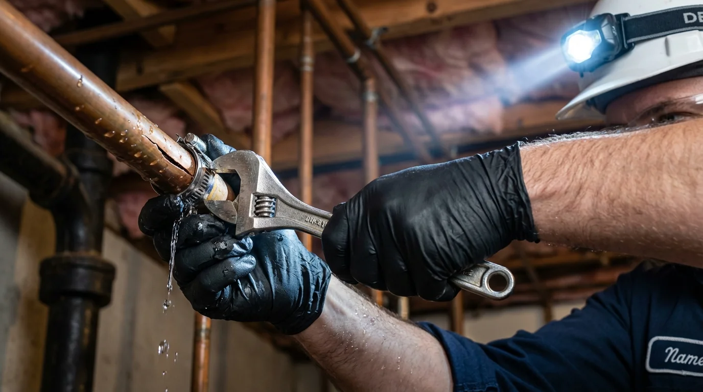 Emergency pipe clamp repair being performed by a Johns Plumbing LLC plumber in Pinetops