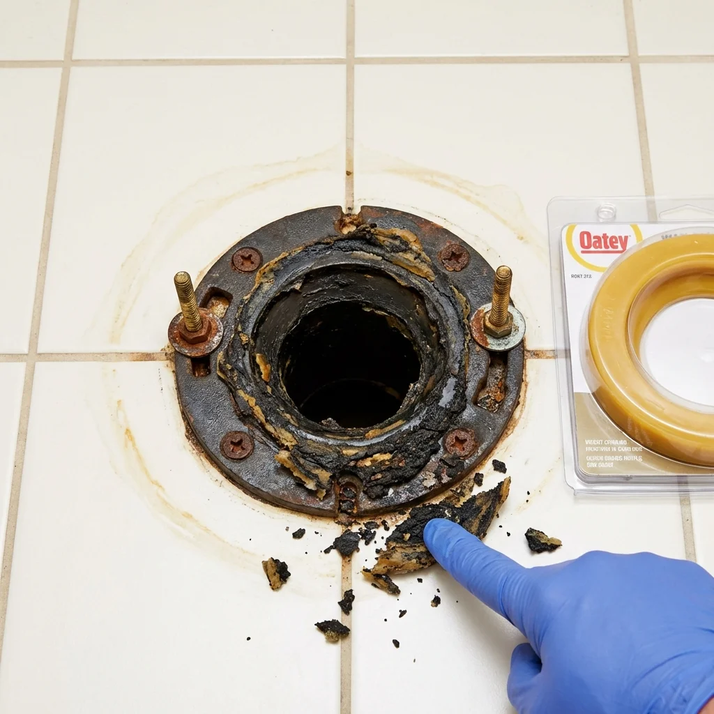 Failed wax ring showing water seepage at the base of a toilet in a Pinetops, NC home