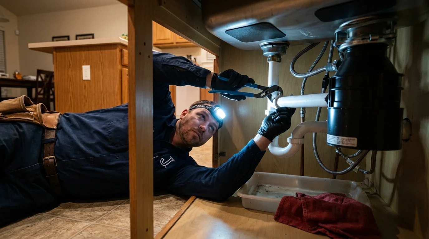 P-trap and supply line connections under a kitchen sink showing a common leak point in Pinetops, NC